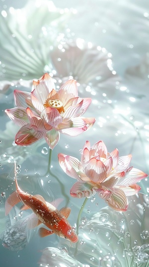 there are two pink and gold fish made of foil-有两条粉红色和金色的鱼是用箔纸做成的on the sparkling white water with foil and jade pink lotus flower-波光粼粼的水面上，点缀着玉粉的荷花beautiful curves-美丽的曲线natural light-自然光cinematography, photography, real, high-definiition-电影摄影，真实的，高清的-