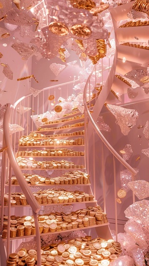 A large number of gold foil gold coins are scattered on the angel's spiral staircase and the transparent pink crystal staircase-大量的金箔金币散落在天使的旋转楼梯和透明的粉色水晶楼梯上There are a large number of gold coins on the stairs-楼梯上有大量的金币in a luminous and dreamy scene style-以明亮梦幻的场景风格sparkling reflections-闪闪发光的倒影