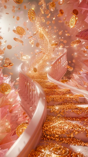 A large number of gold foil gold coins are scattered on the angel's spiral staircase and the transparent pink crystal staircase-大量的金箔金币散落在天使的旋转楼梯和透明的粉色水晶楼梯上There are a large number of gold coins on the stairs-楼梯上有大量的金币in a luminous and dreamy scene style-以明亮梦幻的场景风格sparkling reflections-闪闪发光的倒影