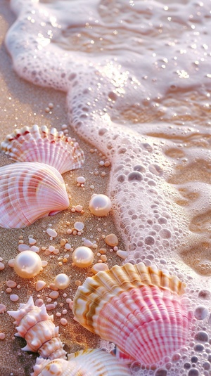 pink and gold glitter on the beach-沙滩上闪耀着粉色和金色的光芒shiny white pearl pink seashells-闪亮的白色珍珠和粉色贝壳sparkling waves of crystal clear sea foam-波光粼粼的海面泡沫in the style of digital art-数字艺术风格