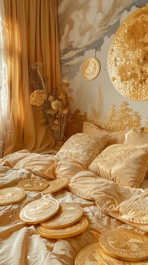 golden coins in designing bed-设计床上的金币y2k aeshetic-y2k美学snapshot aesthetic-快照美学dreamlike naturaleza-梦幻般的自然-