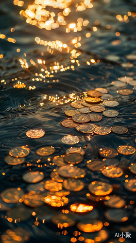 Close up of Floating Gold Coins: Flickering, Soft, and Dreamy Water Depiction