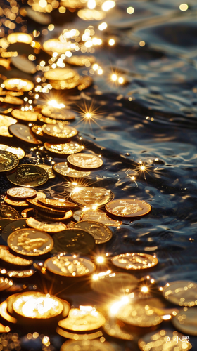 Close up of Floating Gold Coins: Flickering, Soft, and Dreamy Water Depiction