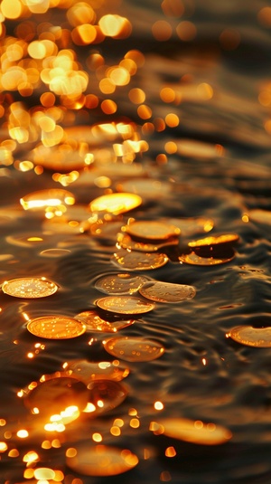 Close up-特写gold coins floating on the water -金币漂浮在水面上Flicker -闪烁Soft and dreamy depiction - 柔和梦幻的描绘 The brightness of water-水的明亮