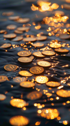 Close up of Floating Gold Coins: Flickering, Soft, and Dreamy Water Depiction