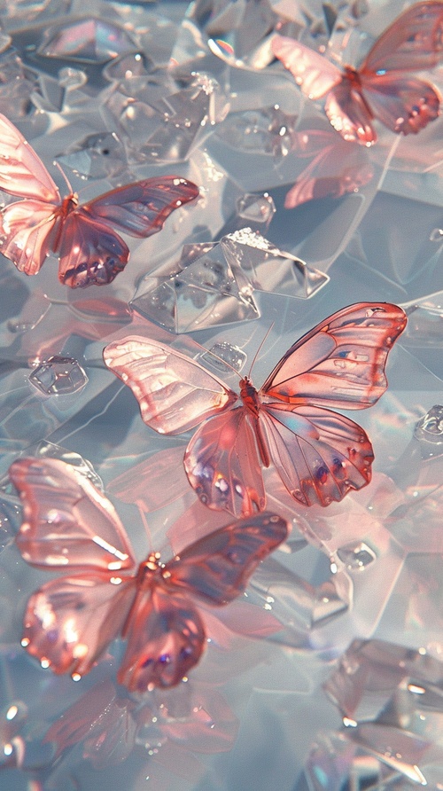 （midjourney-V6模式）several pink butterflies floating in beautiful crystal water, in the style of y2k aesthetic, silver and light pink, video montages, subtle color harmonies, i can't believe how beautiful this is, kimoicore, realistic yet stylized