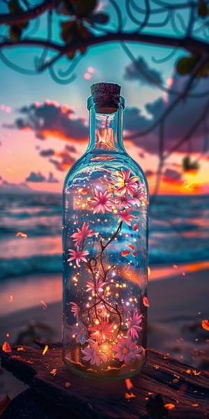 A beautiful glass bottle, which contains the world of stars, trees, flowers and flowers, the Milky Way,placed on the table, the background is the beach under the sunset, fantasy, aesthetic, literary, epic picture, true photographic texture, HD 8k