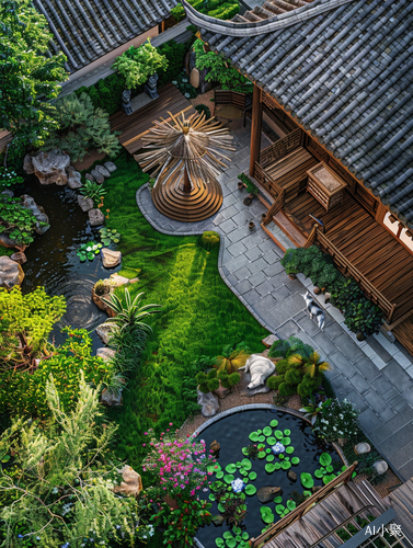 Chinese Style Courtyard with Green Plants and Birds Eye View