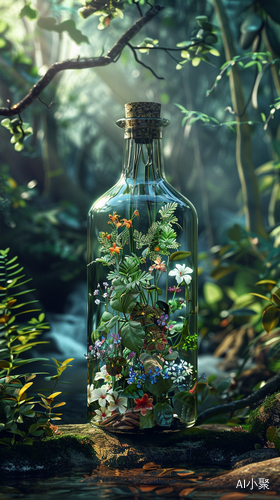 Hyperrealistic Forest Stream with Exquisite Floral Composition