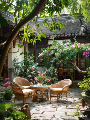 by a red brick wall, creating a harmonious and tranquil atmosphere. The courtyard is a charming oasis in the bustling city, offering a peaceful retreat for residents and visitors alike.