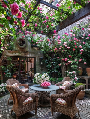 This pastoral courtyard is adorned with a blooming China rose garden on its surrounding walls, permeating the air with its sweet fragrance+A blooming magnolia tree shades several rattan chairs and a tea table, making it a perfect spot for relaxation and conversation+ Water trickles down from a man-made rockery,producing a delightful melody+The courtyard is lush with greenery and abundant flowers, brimming with vitality and natural ambiance, The main building is a traditional quadrangle courtyard surrounded 