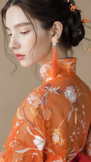 This is a Chinese-style Tang suit and Hanfu wedding dress, with wide sleeves swinging, gradually changing orange X embroidered chiffon fabric, embroidered with plum hairpin and butterfly, and X inlaid with diamond technology. It is elegant, dreamy, high-definition, detailed, full-bodied, drag-and-drop, and dreamy.8k, v 4 ar 2:3