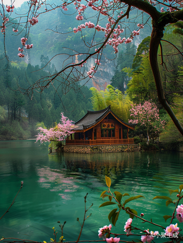 青山绿水的木屋旁，迎风绽放桃花