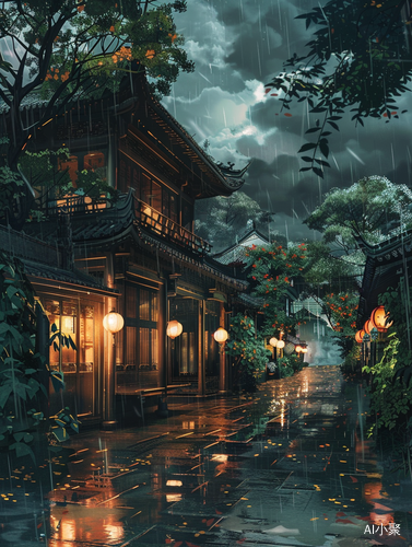 江南老宅的雨后傍晚，蔷薇花、火烧云与灯笼的光韵场景