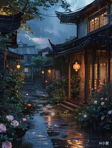 江南老宅的雨后傍晚，蔷薇花、火烧云与灯笼的光韵场景