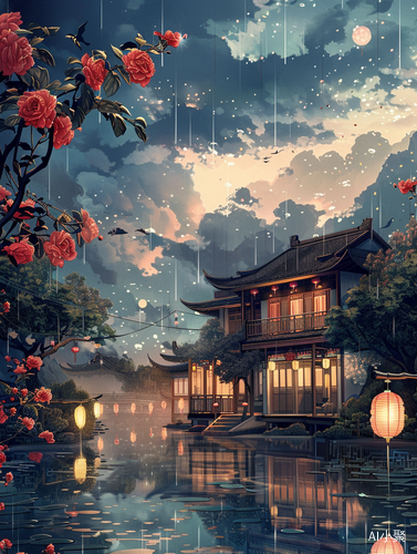 江南老宅的雨后傍晚，蔷薇花、火烧云与灯笼的光韵场景