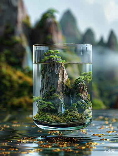 Miniature Chinese Landscape in Glass with 3D Stereo Effect