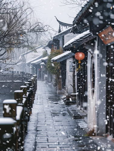 江南古镇，冬季飘雪