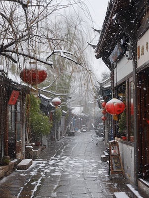 江南古镇，冬季飘雪。静默而幽雅的风景，迎来自然之美与人文之趣的完美结合。白茫茫的雪花点缀在古巷石板路上，余雪初霁之时，即可看到昏黄的灯光透过小店的窗户飘散出来，刻画出古镇的古朴温暖。江边柳枝随风摆动，寂静的就像一个画卷。这张照片印象呈现出江南的经典景色，宁静而又富有生命力，它让每个人都能感受到自然和人文共存的美好。