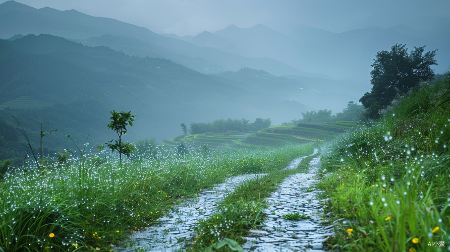 细雨湿润山间，春意盎然的美景