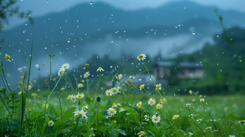 细雨绵绵春意寒，轻烟袅袅绕山间，山谷中隐约传来鸟语花香。蓝灰色的天空中弥漫着湿润的气息，微风轻拂着细雨滴在花瓣上。湿润的草地上，翠绿的小草仍然挺立着，它们身上沾满了雨露的痕迹。水滴顺着叶片滚落，在细雨中形成美丽的水珠。山间的青石路上映着微弱的光芒，被细雨洗涤得更加干净。在这样的春天，小鸟们在树梢上低语，花朵们含苞待放，山间弥漫着一片神秘而宁静的氛围。