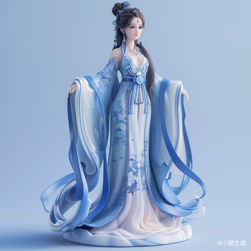 青花瓷手办女孩盲盒，国潮元素汉服长裙，细节丰富彩色立体