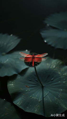 Minimalist close-up of red dragonfly on lotus leaf