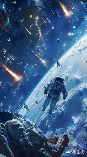 宇航员漂浮太空，火箭升空、地球环绕的科幻景观