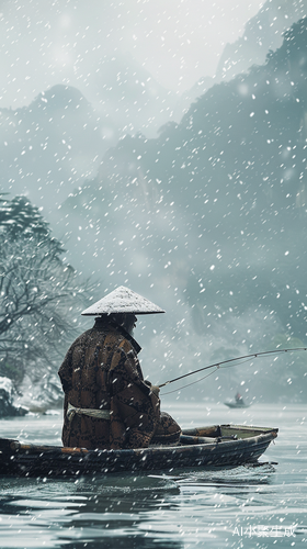 白发老人孤独垂钓，大雪纷飞
