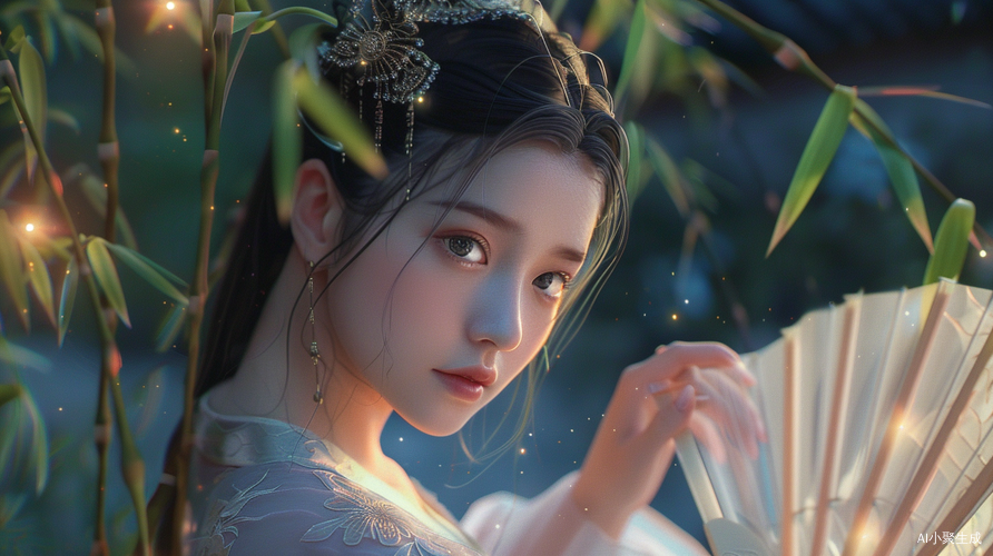 古代华服女子欢快舞动扇子