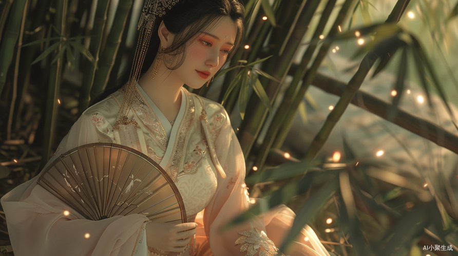 古代华服女子欢快舞动扇子