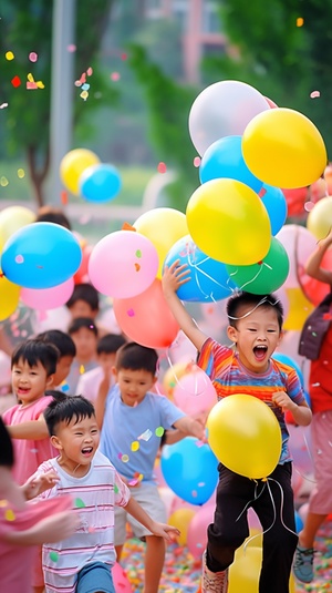 孩子们在装饰着五彩缤纷气球和彩带的公园里玩耍，脸上洋溢着纯真的笑容。公园里设置了各种儿童游乐设施，如滑梯、秋千和旋转木马，孩子们在其中尽情嬉戏。场景氛围是快乐和无忧无虑的，心情是充满童趣和喜悦的，庆祝属于孩子们的节日。 使用自然光线和广角镜头捕捉孩子们玩耍的活泼场景，强调色彩的鲜艳和孩子们的笑脸。