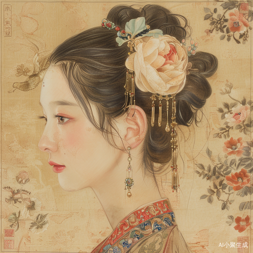 国风少女头簪金边牡丹花凤凰步摇