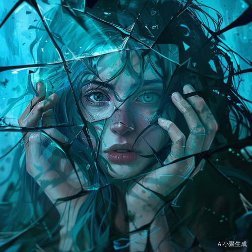 蓝眼睛女人透过玻璃窗的自毁艺术