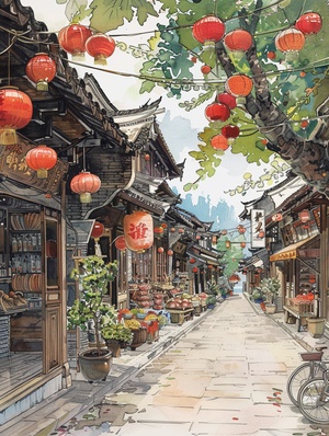 Animated illustrations in Xu Beihong's style depict the enchanting beauty of the ancient Chinese town of Longjiao, with vivid colors and lively brushstrokes embodying lifelike scenes, traditional buildings, narrow streets and flowery markets creating a nostalgic atmosphere, and dragon motifs and intricate details decorating the buildings, adding an air of myth and legend-s500