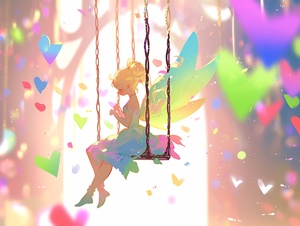 artwork by Pixar studios, Disney princess style, 3d art, tinkerbell swinging on a huge swing, rainbow heart bokeh background aspect