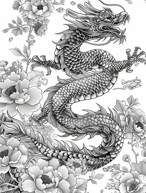 A black and white book page, Chinese dragon dish flower, this illustration is detailed and simple, and can be colored according to the style of people of all ages, including children or those who like to create a psychedelic picture on white paper with black ink, white background