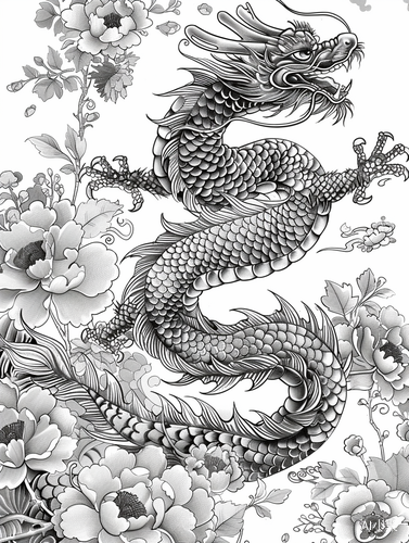 Colorable black and white book page with Chinese dragon dish flower