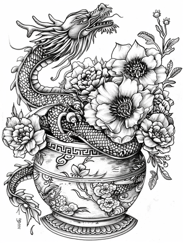 Colorable black and white book page with Chinese dragon dish flower