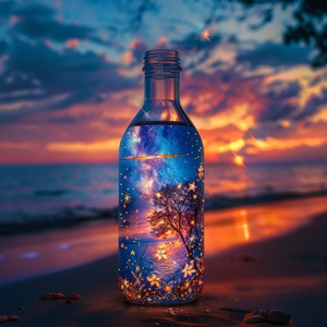 A beautiful glass bottle, which contains the world of stars, trees, flowers and flowers, the Milky Way,placed on the table, the background is the beach under the sunset, fantasy, aesthetic, literary, epic picture, true photographic texture, HD 8k