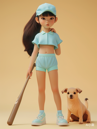 Confident Little Girl with Baseball Bat and Puppy