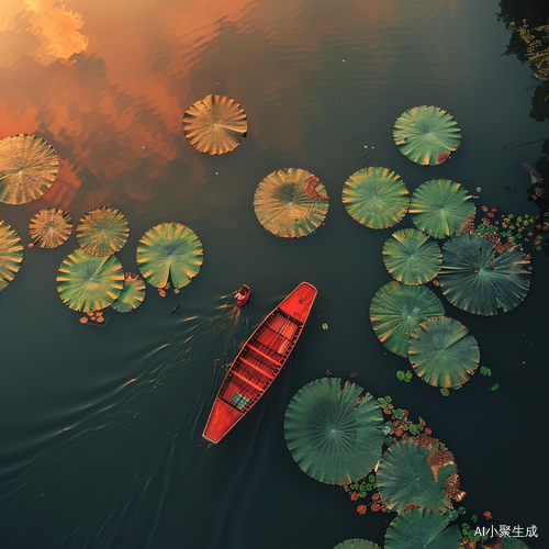 Dreamy and Exquisite Top View: A Red Boat on Clean and Transparent Water with Lotus Leaves