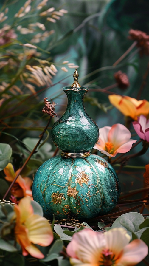 A cyan exquisite double-layer small gourd is placed in the middle position with a glass style gilding feel, Small green gourds, It contains unlimited power, Gilt style in the sea of flowers, Shining with a mysterious light., Flower petals swaying in the wind, Like the stars, Bring eternal hope.