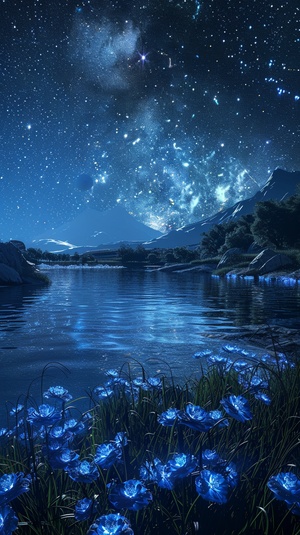 In the night sky, the stars shine onthe silky lake, and the light blueroses float on the water. Aurora, fairylight,stars,twinkling stars, a meteoracross the sky, wide lake, starry sky,Michael James Smith's matte painting,CG rendering,volumetric light, spaceart,bioluminescence, illusory engine5,super wide angle, high definition,4K,8K,HD,HD v 6.0 ar 3:4