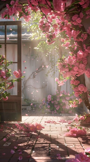 s.mj.runIZ3zxLX_KAY s.mj.runw_op2KTyvRE early morning, gentle sunshine, farmhouse courtyard, pink crabapple flower long hanging, high definition