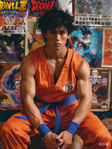 Chinese man in highly detailed Son Goku costume: a cinematic masterpiece