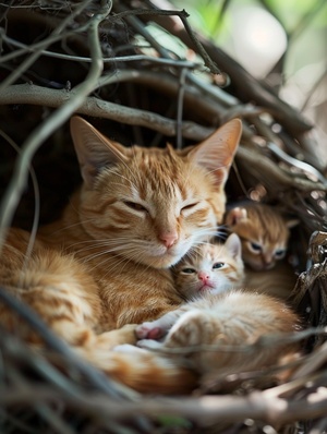 一只橘猫妈妈，在窝里，生了两只可爱的小猫