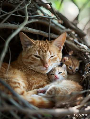 橘猫妈妈窝中生下两只可爱小猫