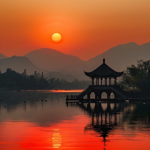 在乡村里看到的落日，红霞满天，高清摄影