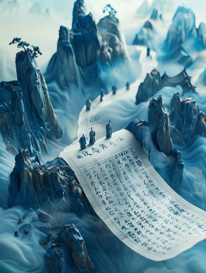 China-Chic style, felt material, an open scroll floating in the air, with some ancient characters on it. On the open scroll stand several ancient poets, with illustrations of mountains and rivers in the background. Featuring undulating mountains, silk,macro, high-definition surrealism, long waves, fresh and elegant customs, white and blue tones, macro perspective v 6.0